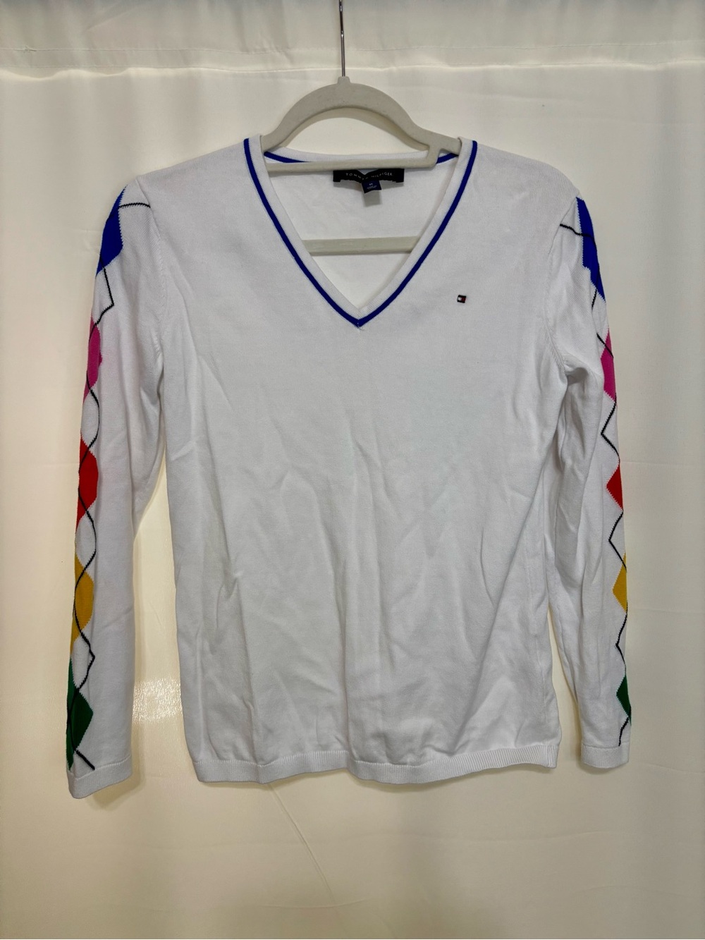 Tommy Hilfiger Women’s White Multicolored Checkered Sweater Medium Old Money